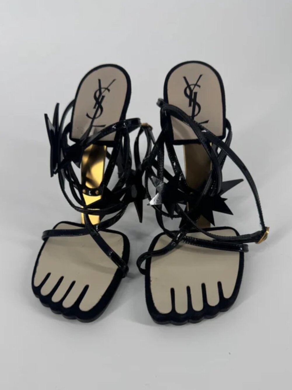 YSL YVES SAINT LAURENT SS 2008 VINTAGE BLACK PATENT HERO SANDALS 105MM SIZE 37